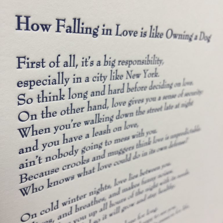 Letterpress Broadside: “How Falling in Love is like Owning a Dog